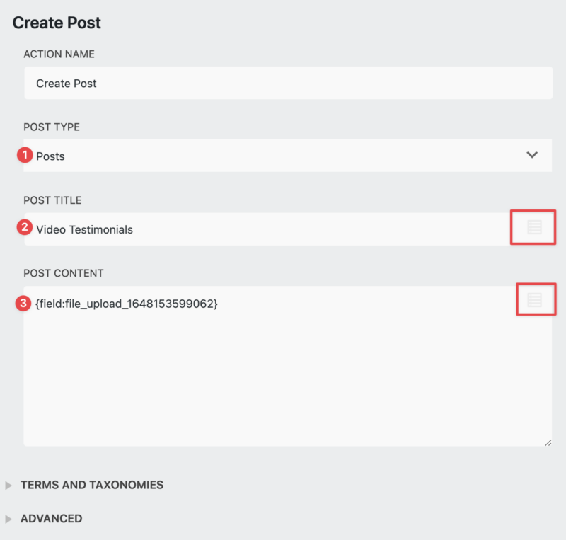 Create Post action. Enter your post type, post title and post content.