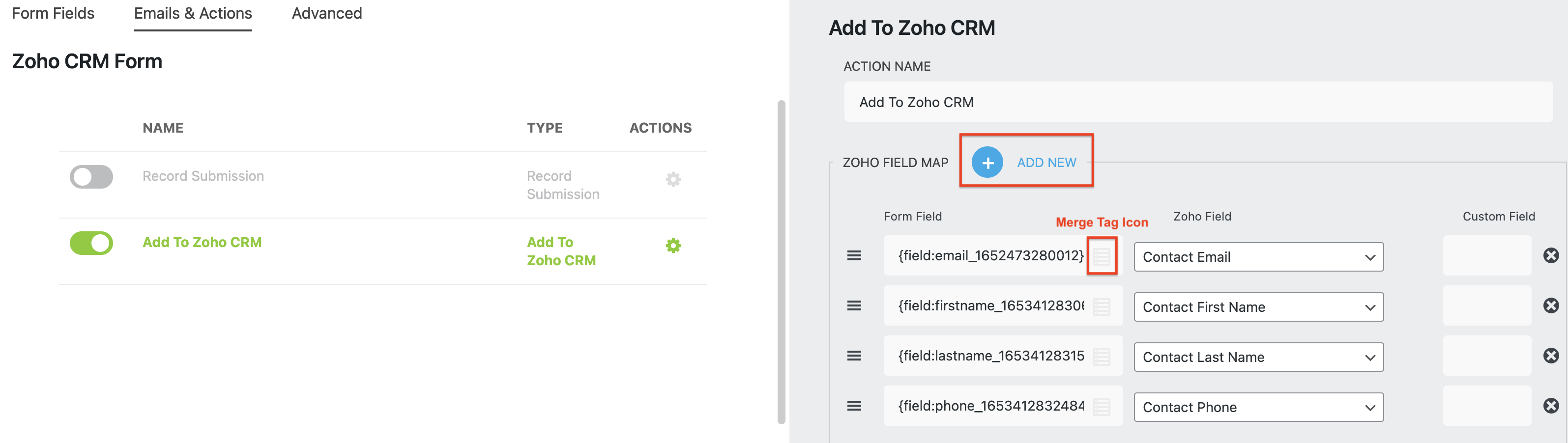 Mapping wordpress form fields to zoho fields
