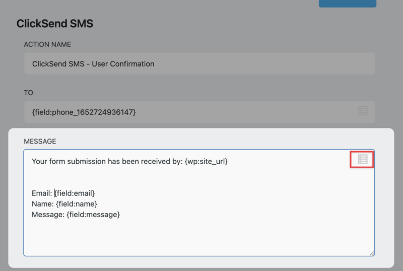 ClickSend action message field