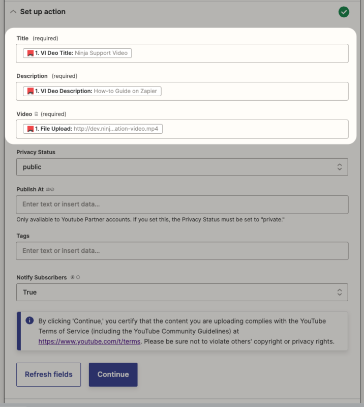 YouTube action setup