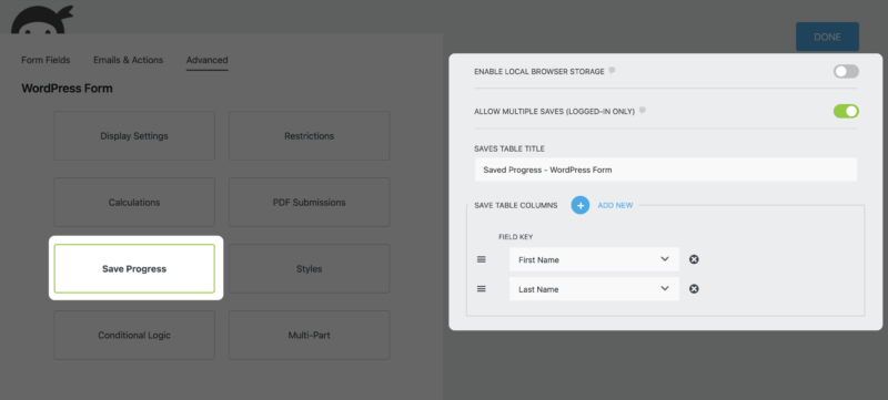 Save Progress action settings