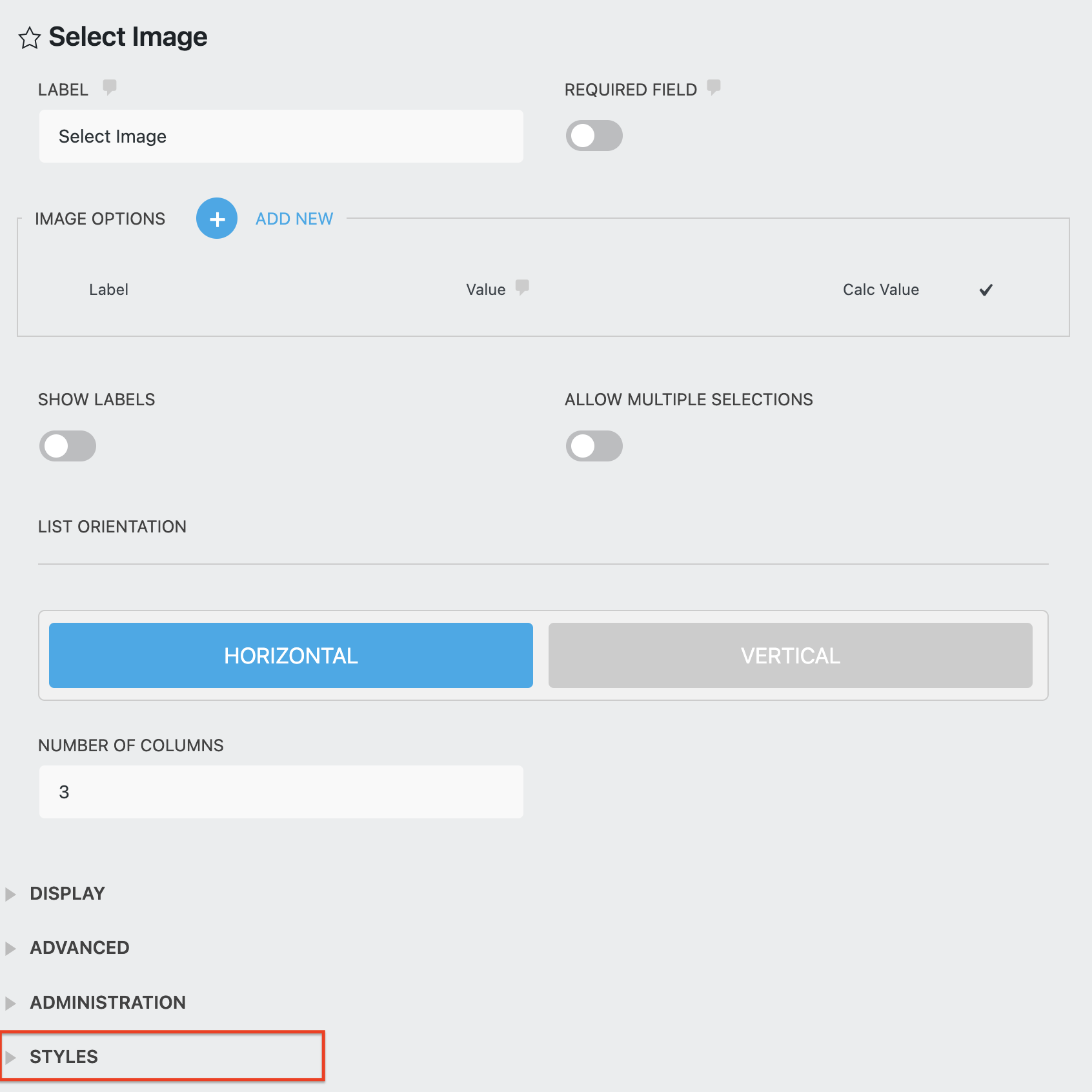 styling the select image field