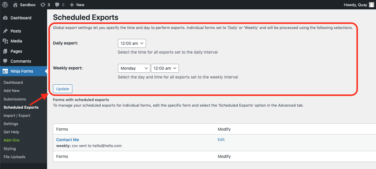 scheduled exports global settings