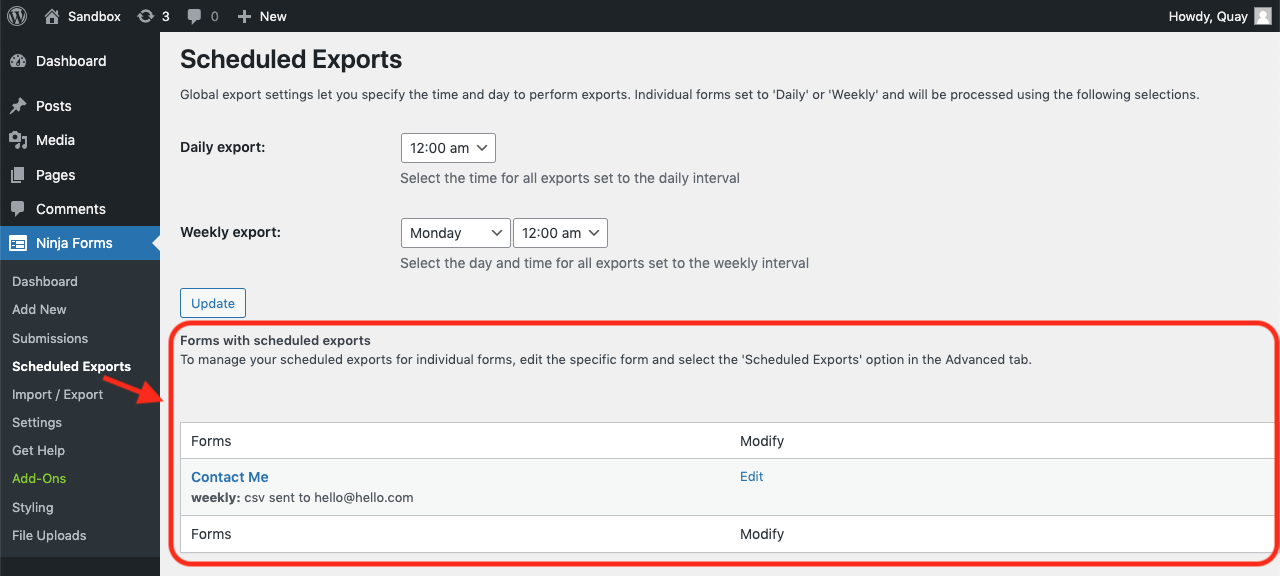 scheduled export dashboard settings for viewing all scheduled exports for all forms globally