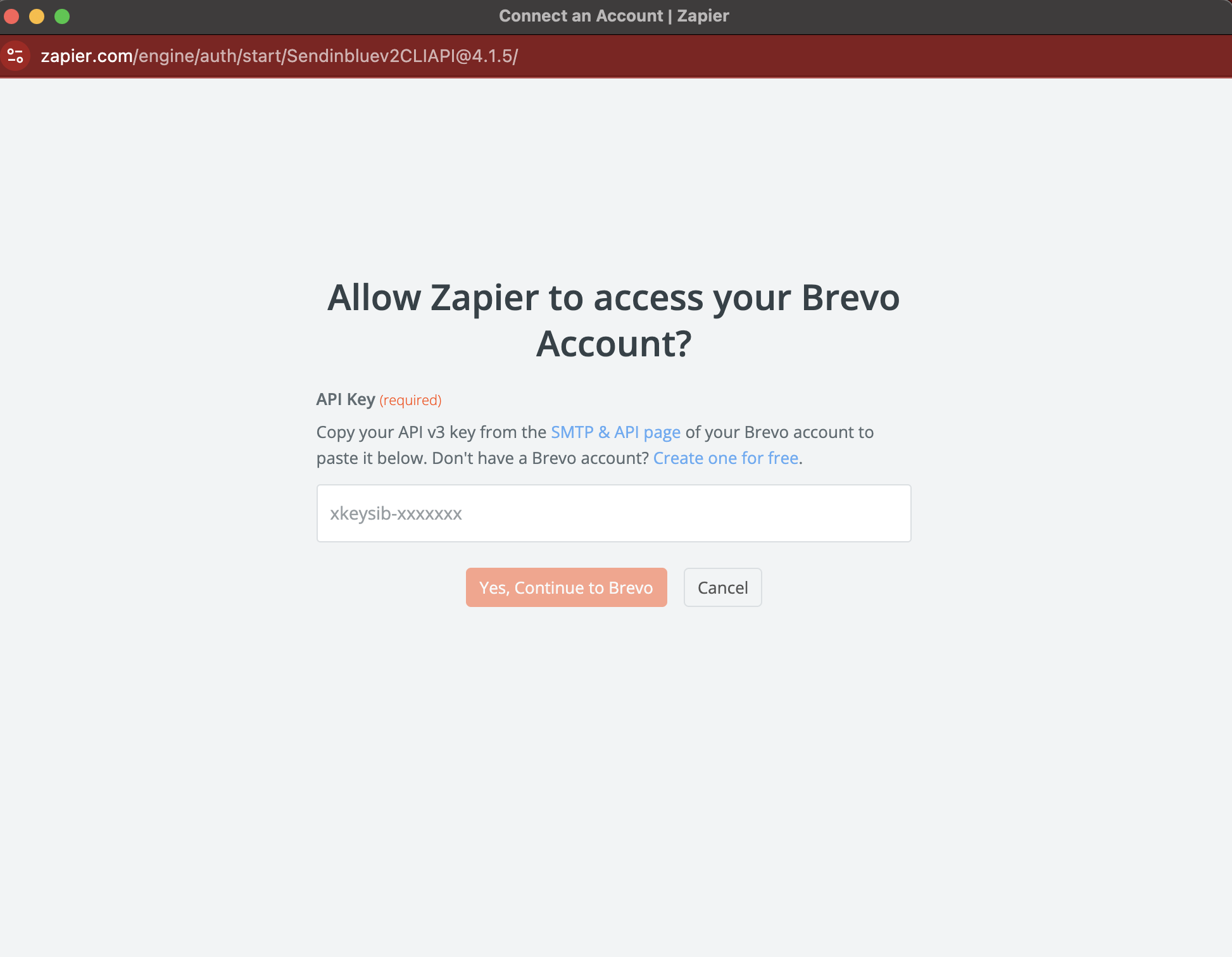 brevo api keys zapier pop up