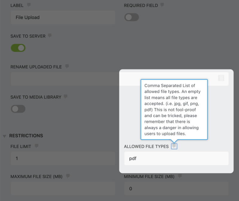 Allowed File Types setting for File Uploads add-on