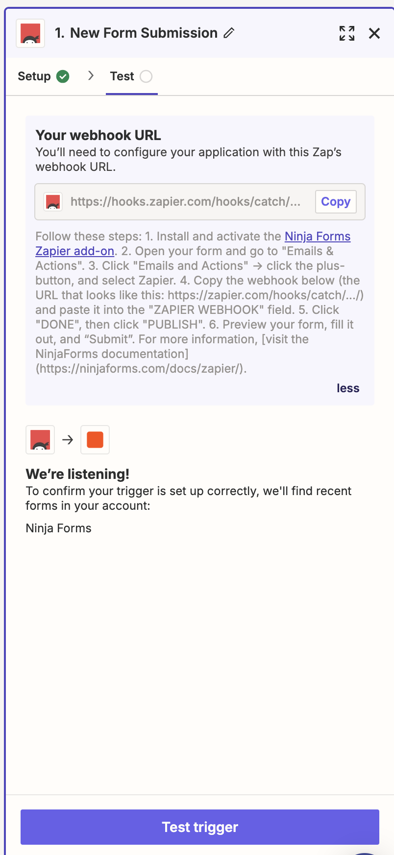 test trigger zapier ninja forms connection