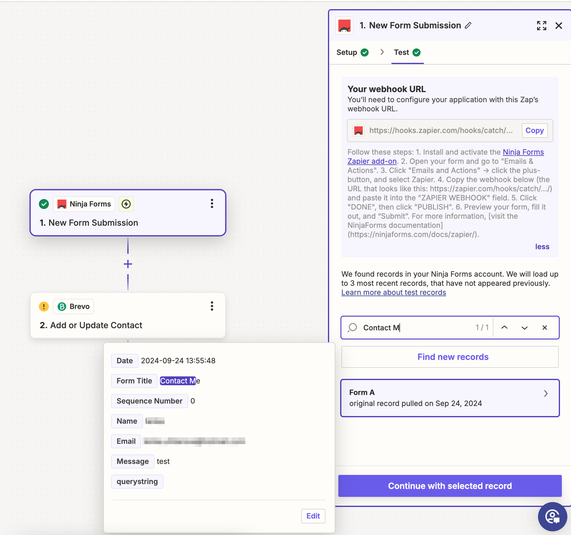 zapier to ninja forms connection