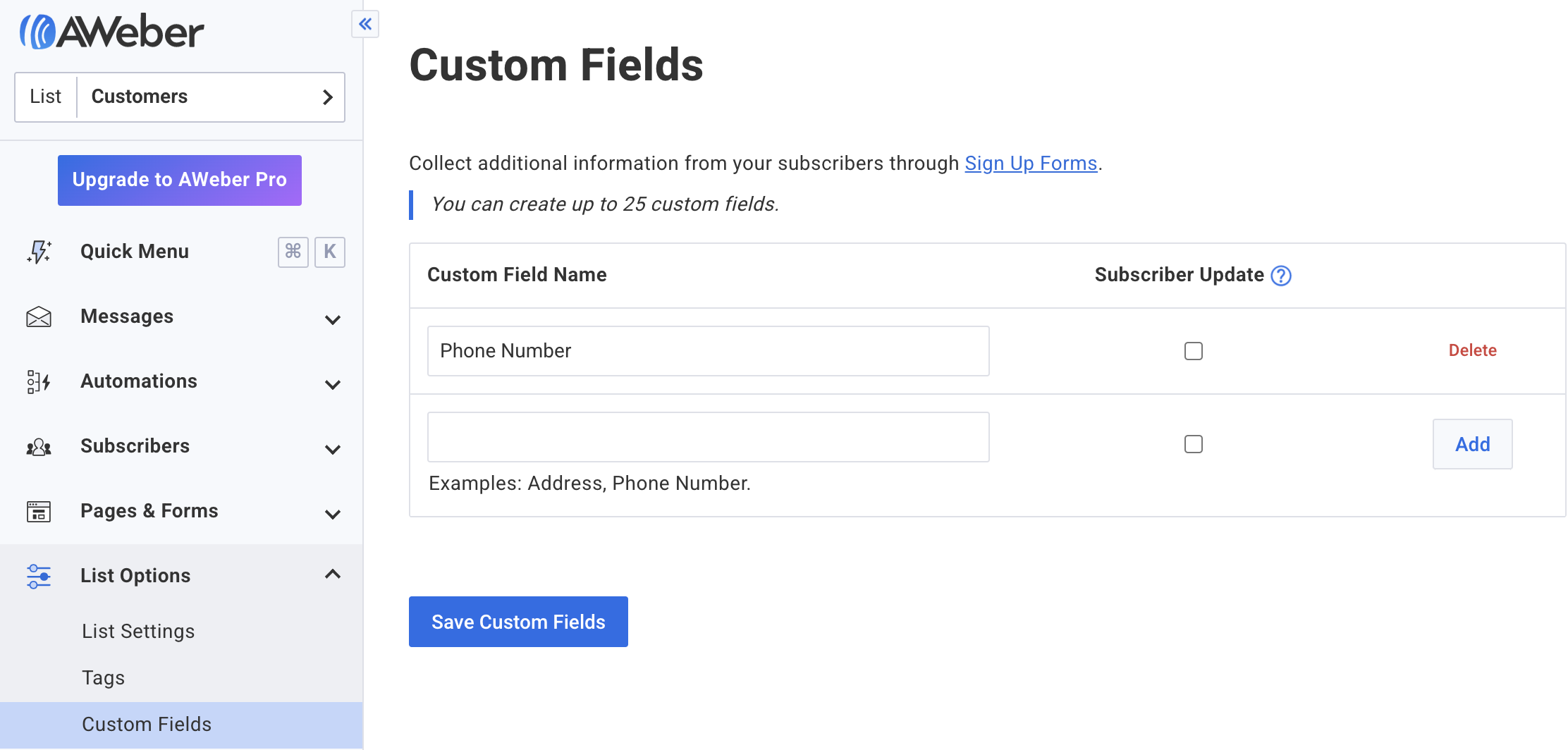 custom fields aweber