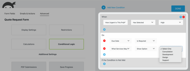 Show or hide request a quote form fields with conditional logic