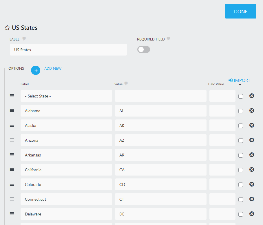 Pre-populated US States field.