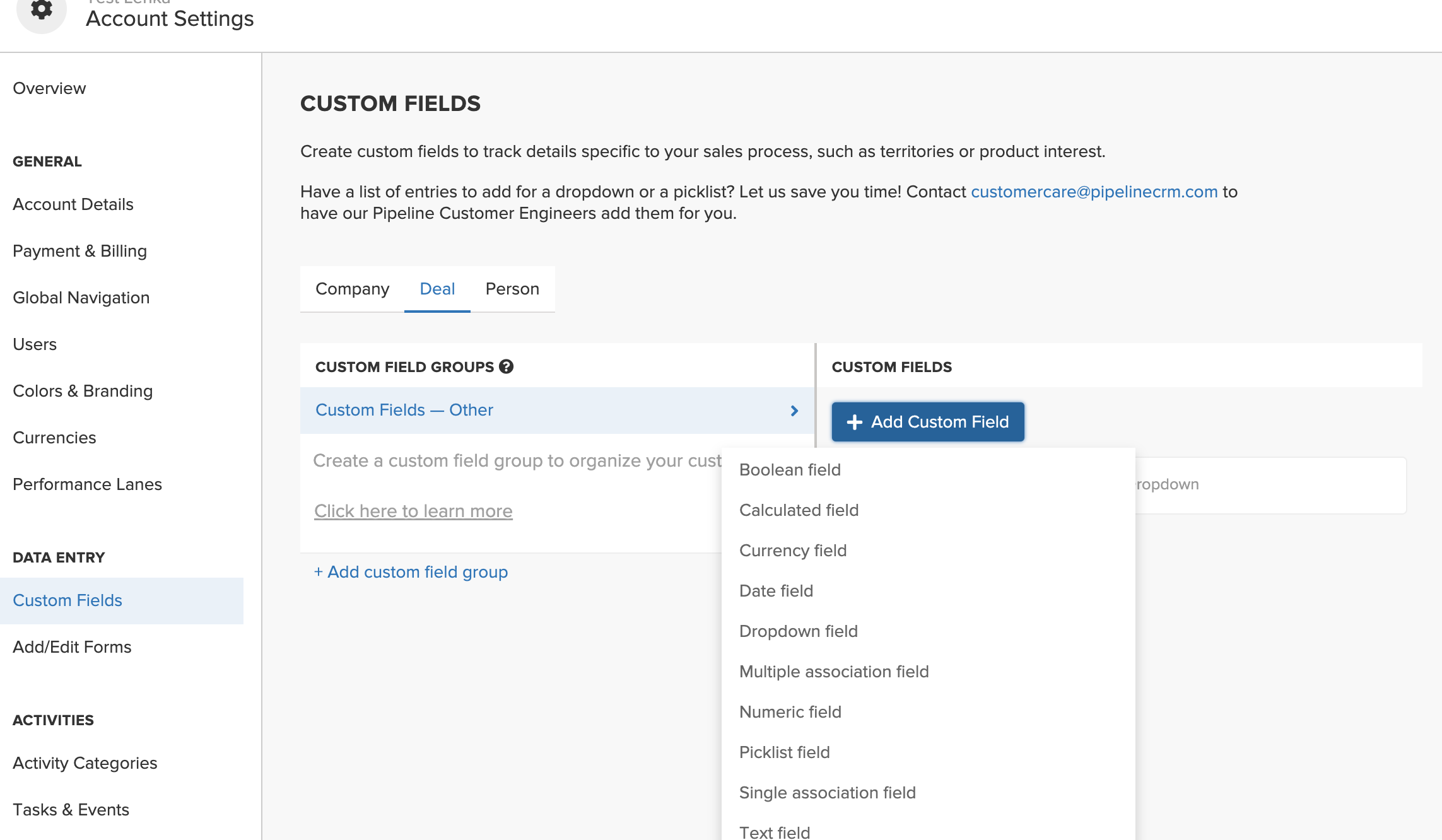 custom fields pipeline crm