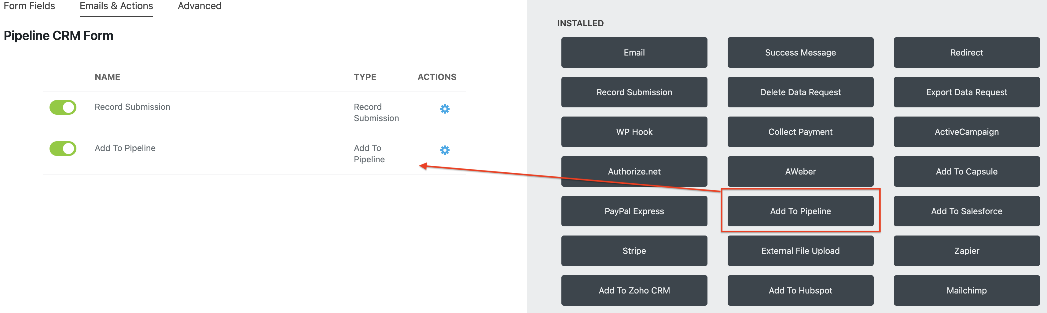 add to pipeline action