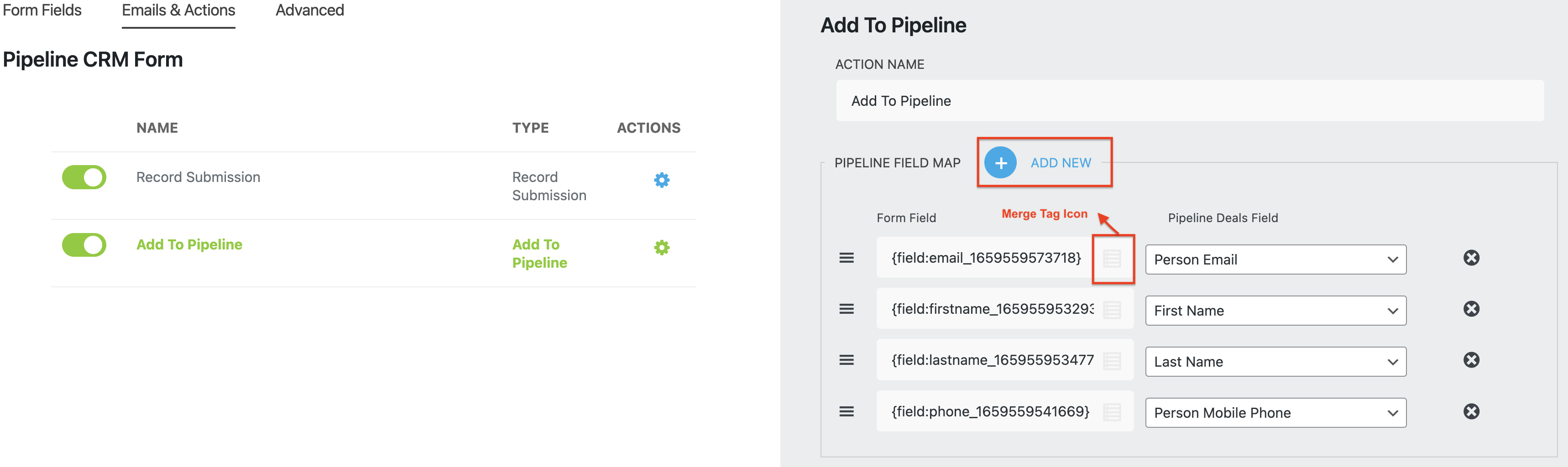 field mapping wordpress form fields to pipeline crm fields