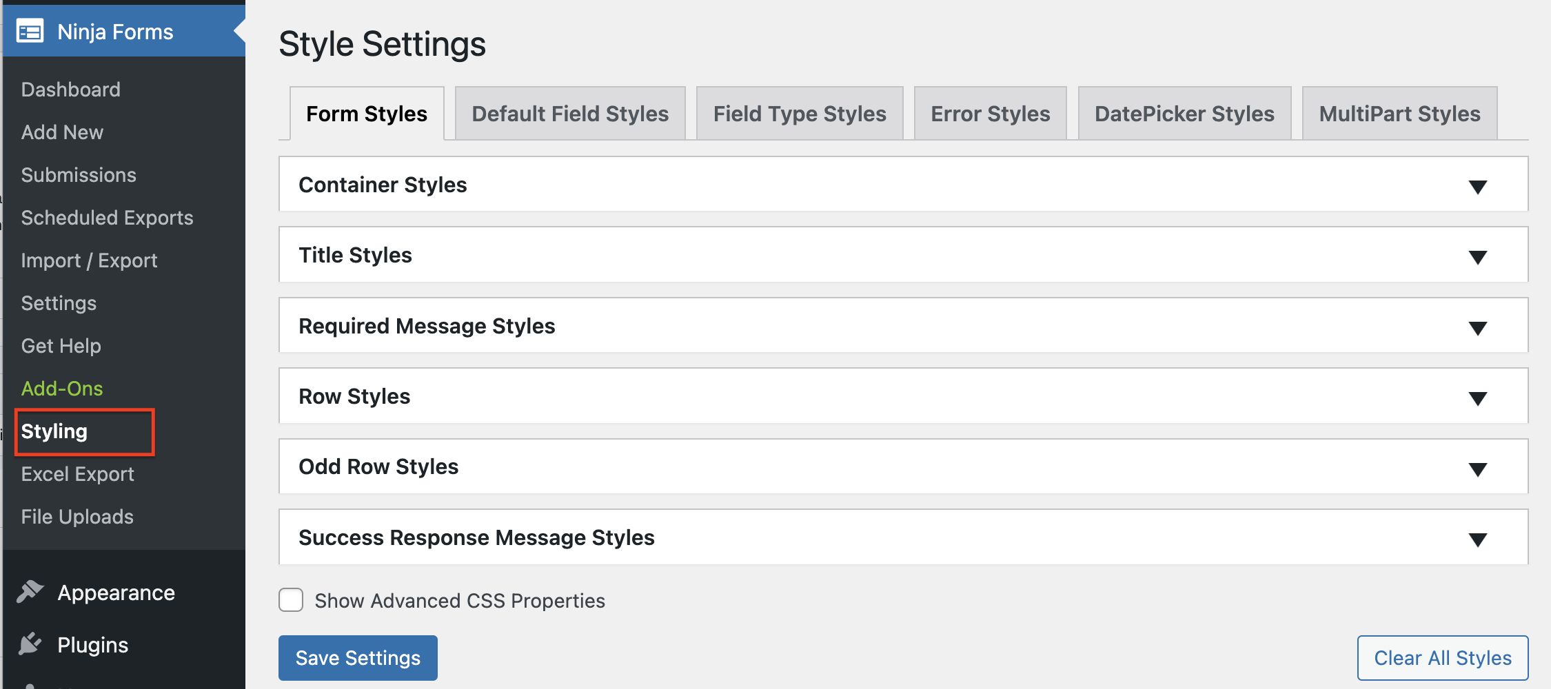 styling settings ninja forms