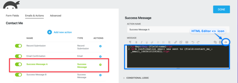 HTML Editor in Success Message action