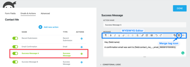 Merge tag icon found in Success Message action