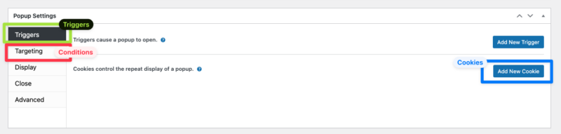 conditions, triggers, and cookie settings within popup maker