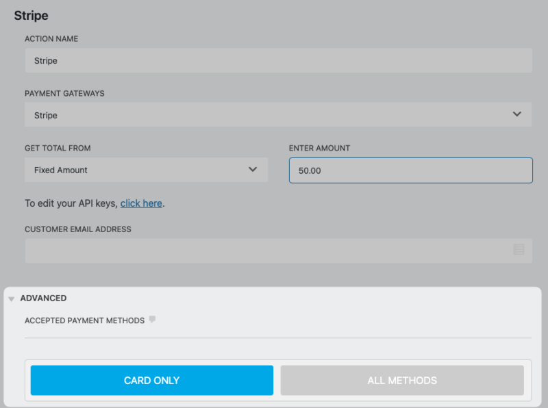 Stripe action enabled for WordPress Registration form