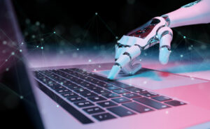 Robotic hand pressing a keyboard on a laptop 3D rendering stock photo