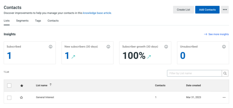 Constant Contact Contacts dashboard