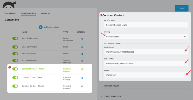 Ninja Forms Constant Contact mapping