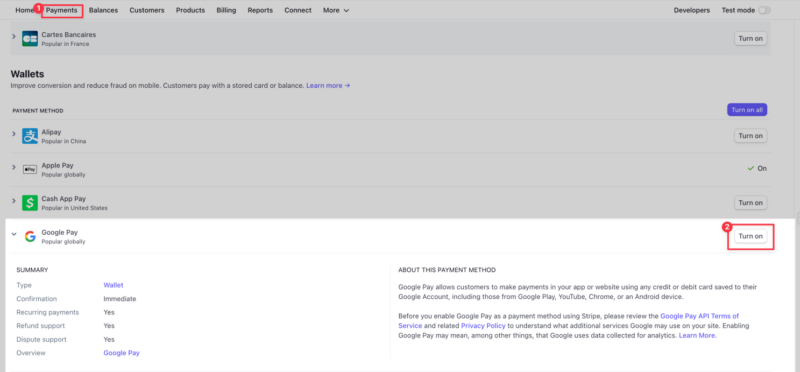 Stripe Wallet Dashboard, Turn On Google Pay