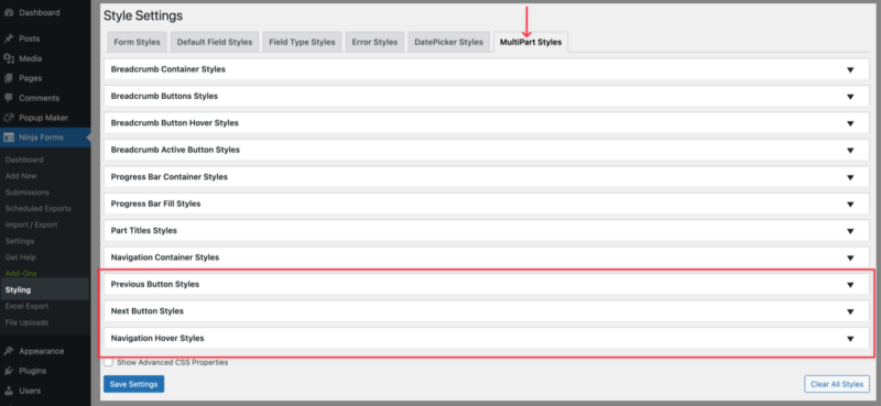 MultiPart Style settings in Ninja Forms Layout and Styles add-on