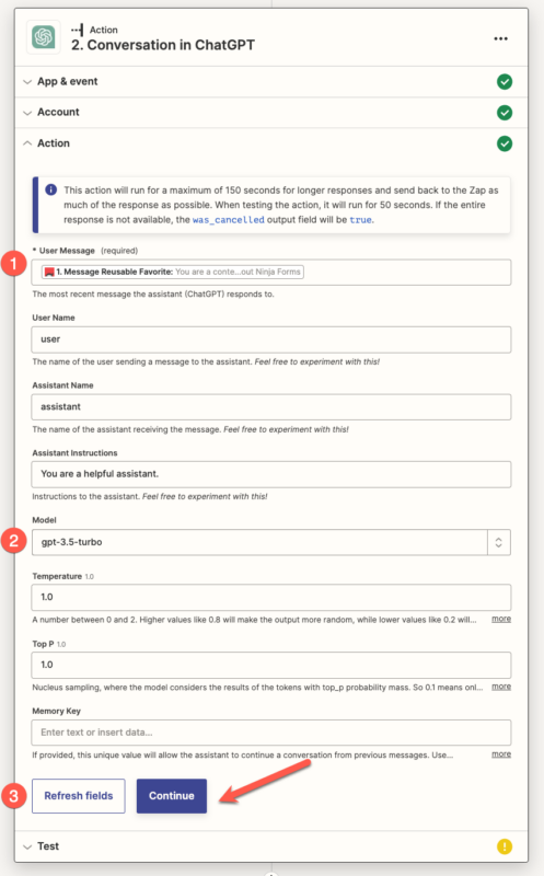 Setting up the ChatGPT action in Zapier for Ninja Forms