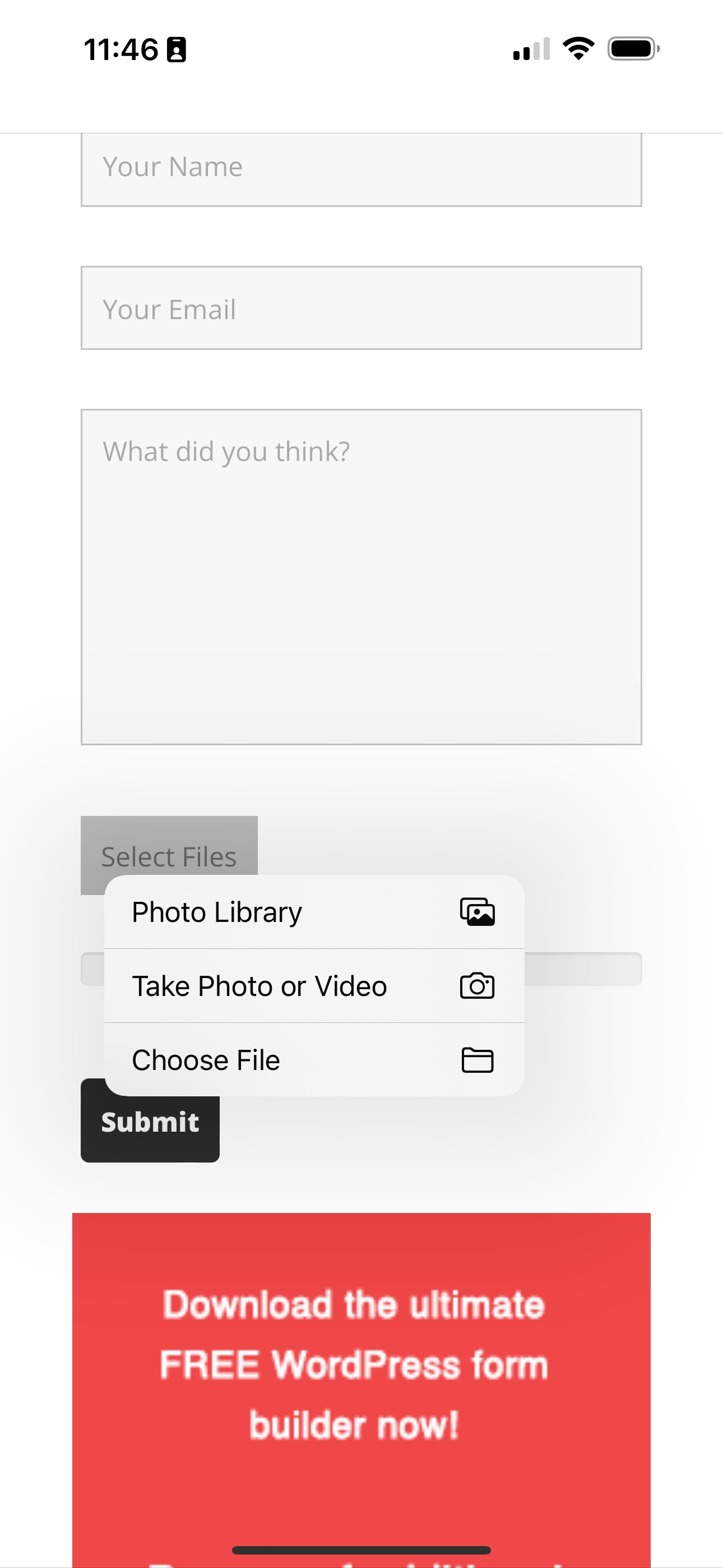 upload files to wordpress form from camera