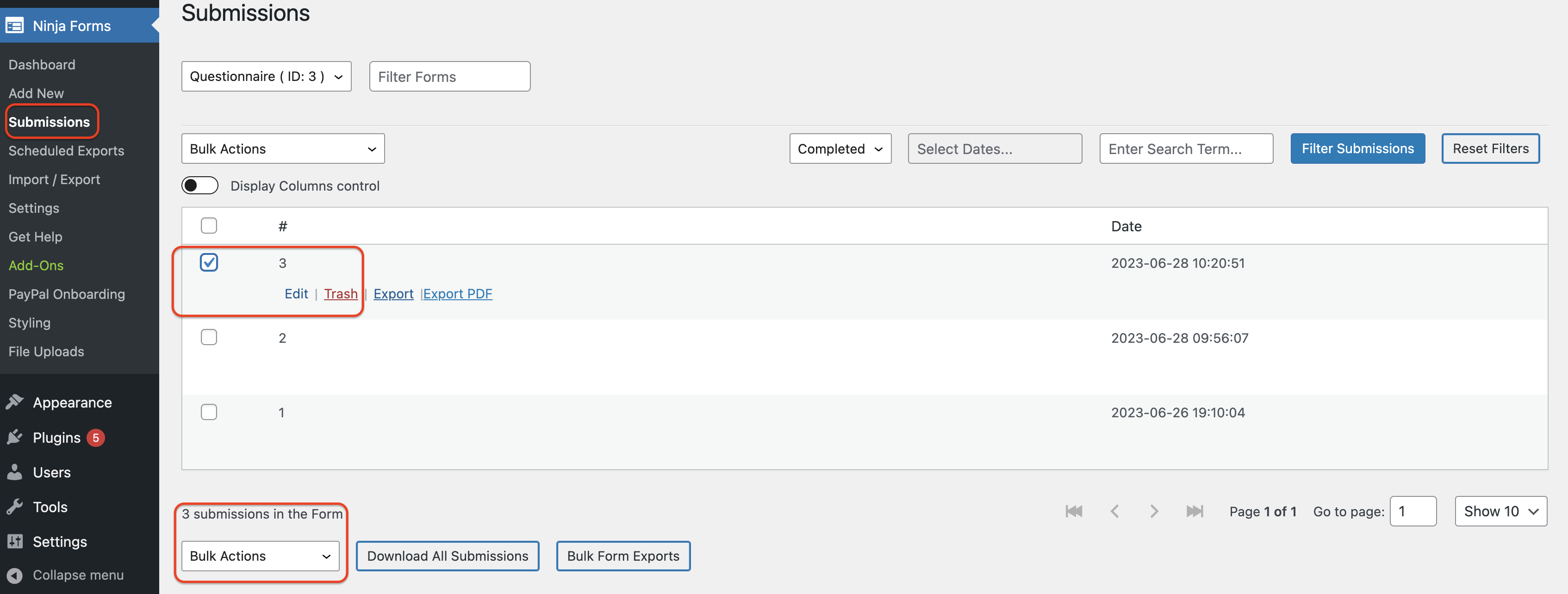 delete submissions in wordpress