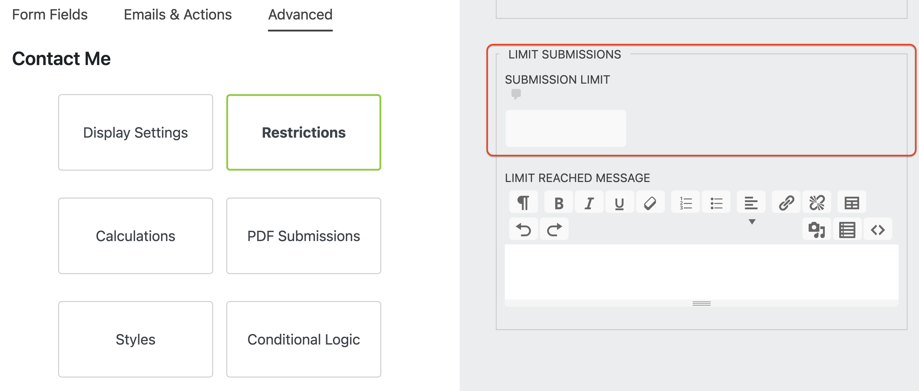 limit submission limit in wordpress form