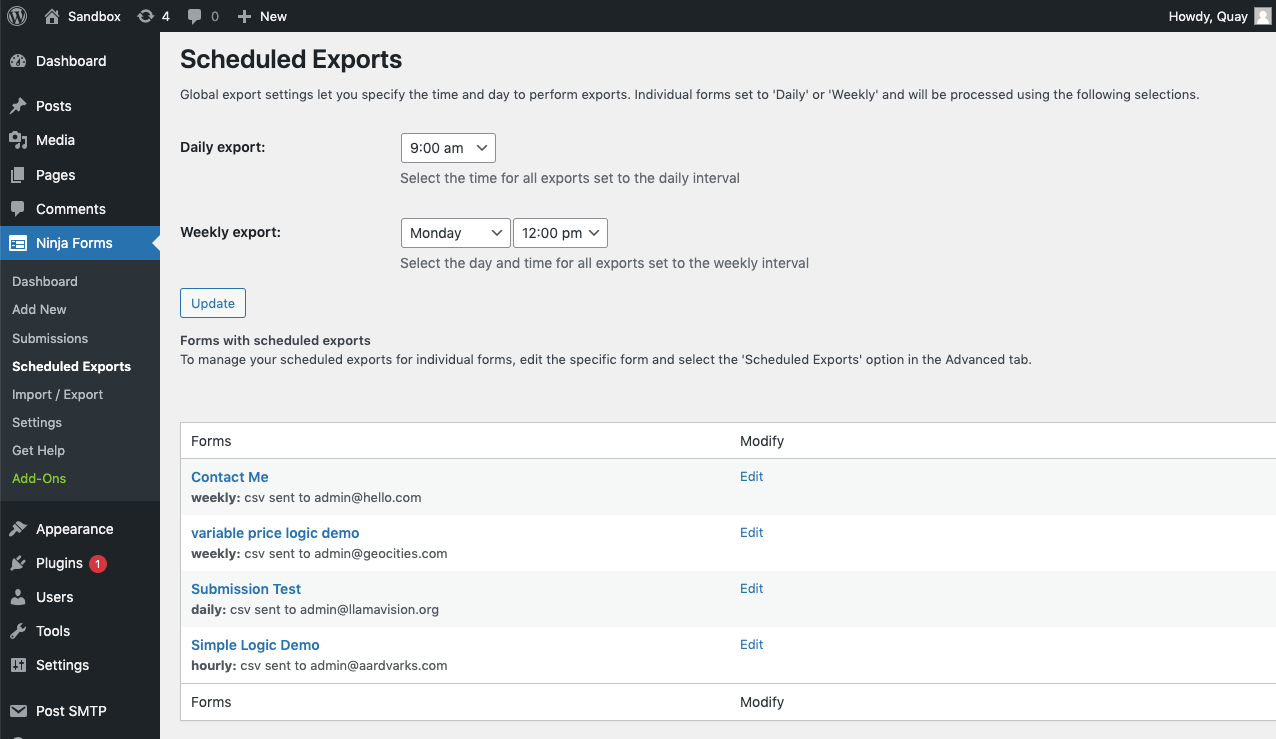 set scheduled export of submissions in wordpress