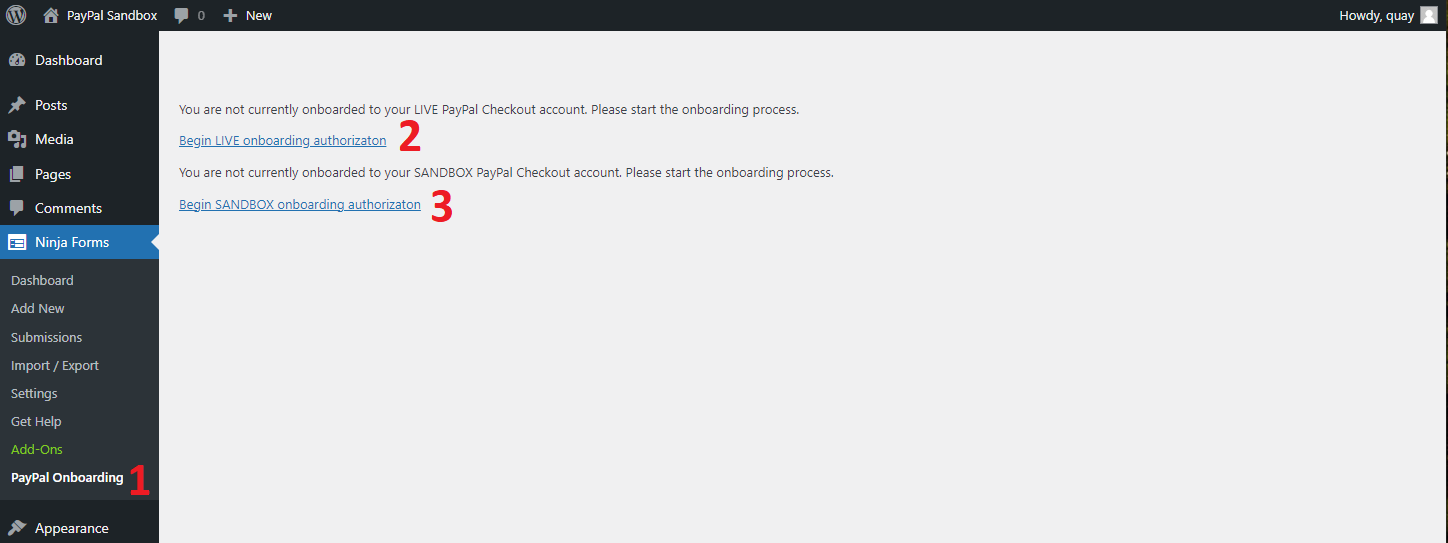 PayPal Onboarding window with options highlighted to connect for live or sandbox authorization