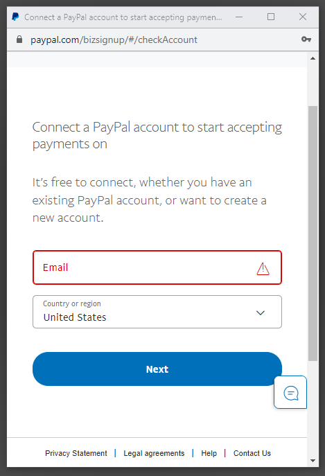 the paypal business signup or login portal opened as a popup with a field for your PayPal email address