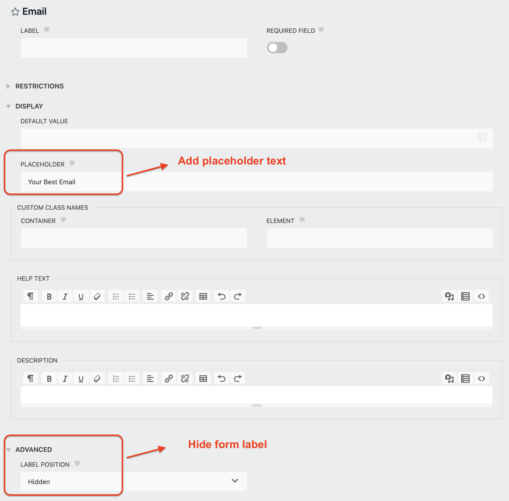 add a placeholder text for email field
