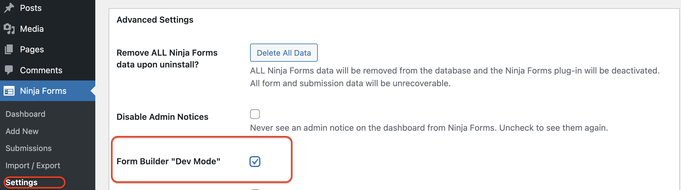 unlock advanced ninja forms features with developer mode