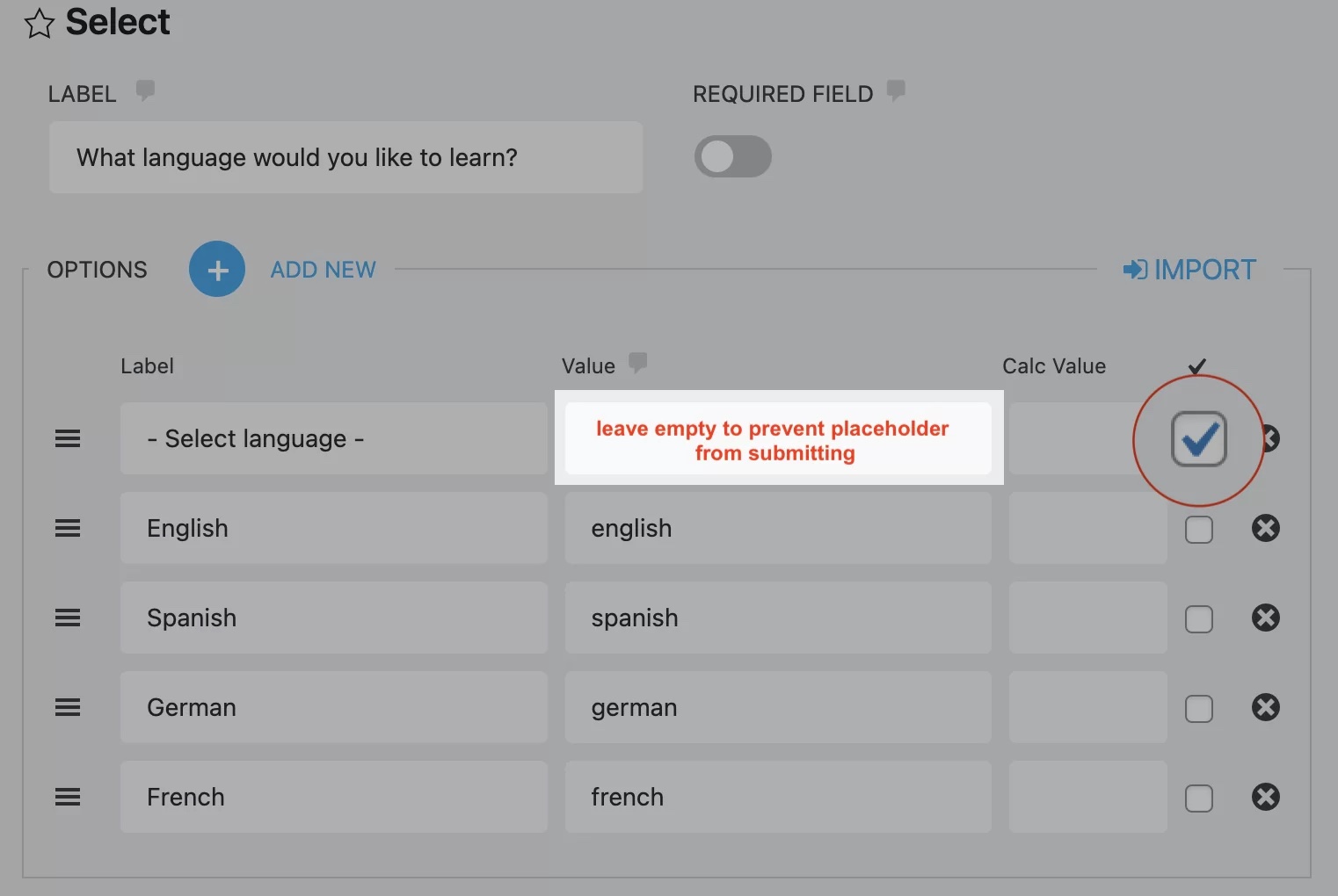 placeholder for select field