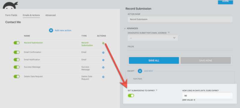 Set submissions to expire in the Advanced dropdown in the Record Submission action