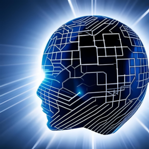 A blue robot head with lines on it representing AI pathways