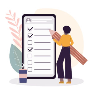 A cartoon woman filling out a form on a human-sized tablet.