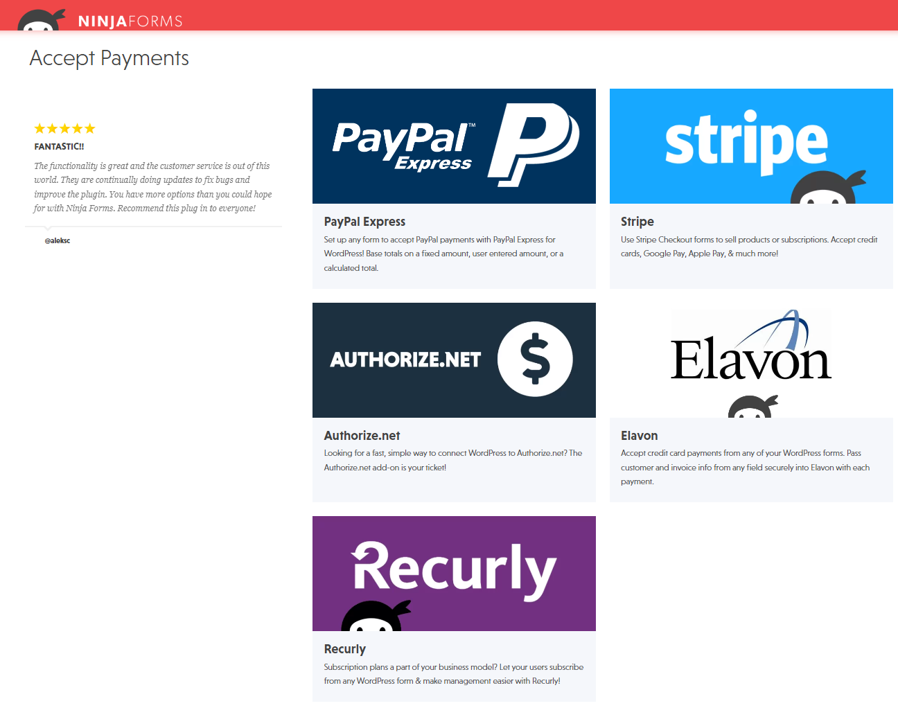 Ninja Forms' payment integrations: PayPal, Stripe, Authorize.net, Elavon, and Recurly