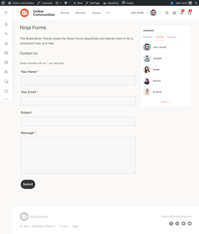 Buddy Boss WordPress contact form using Ninja Forms