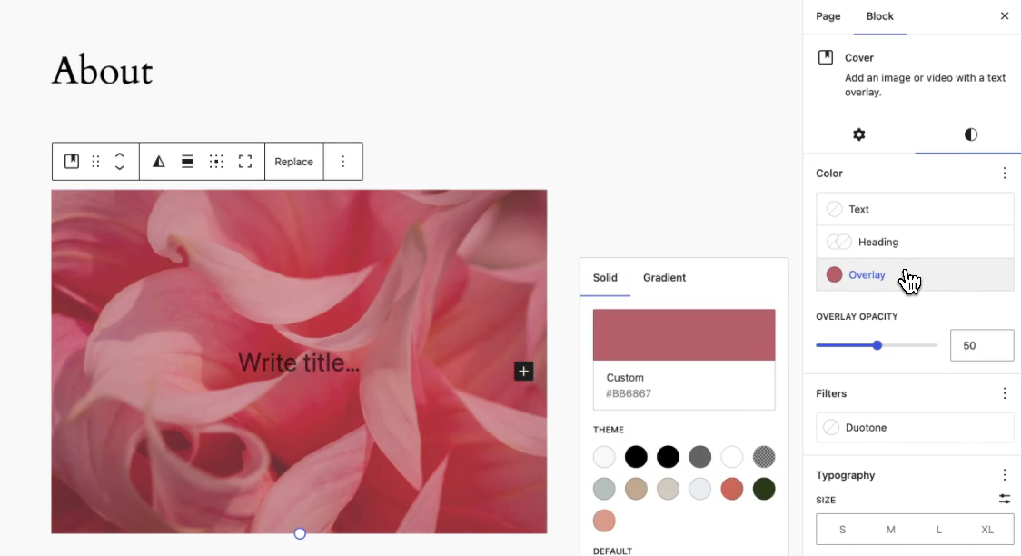 Gutenberg 16.8 new cover block overlay feature