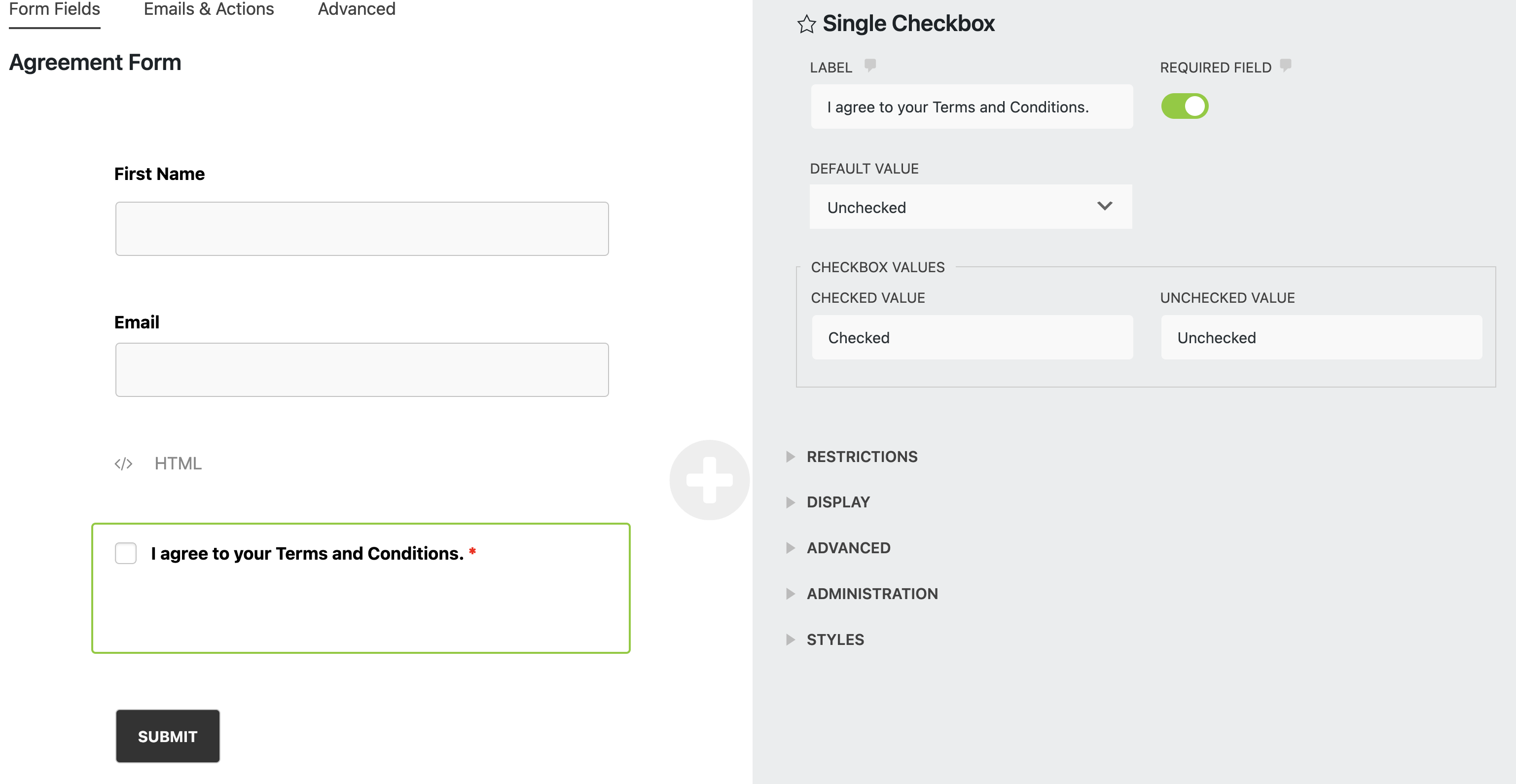 single checkbox field type agreement