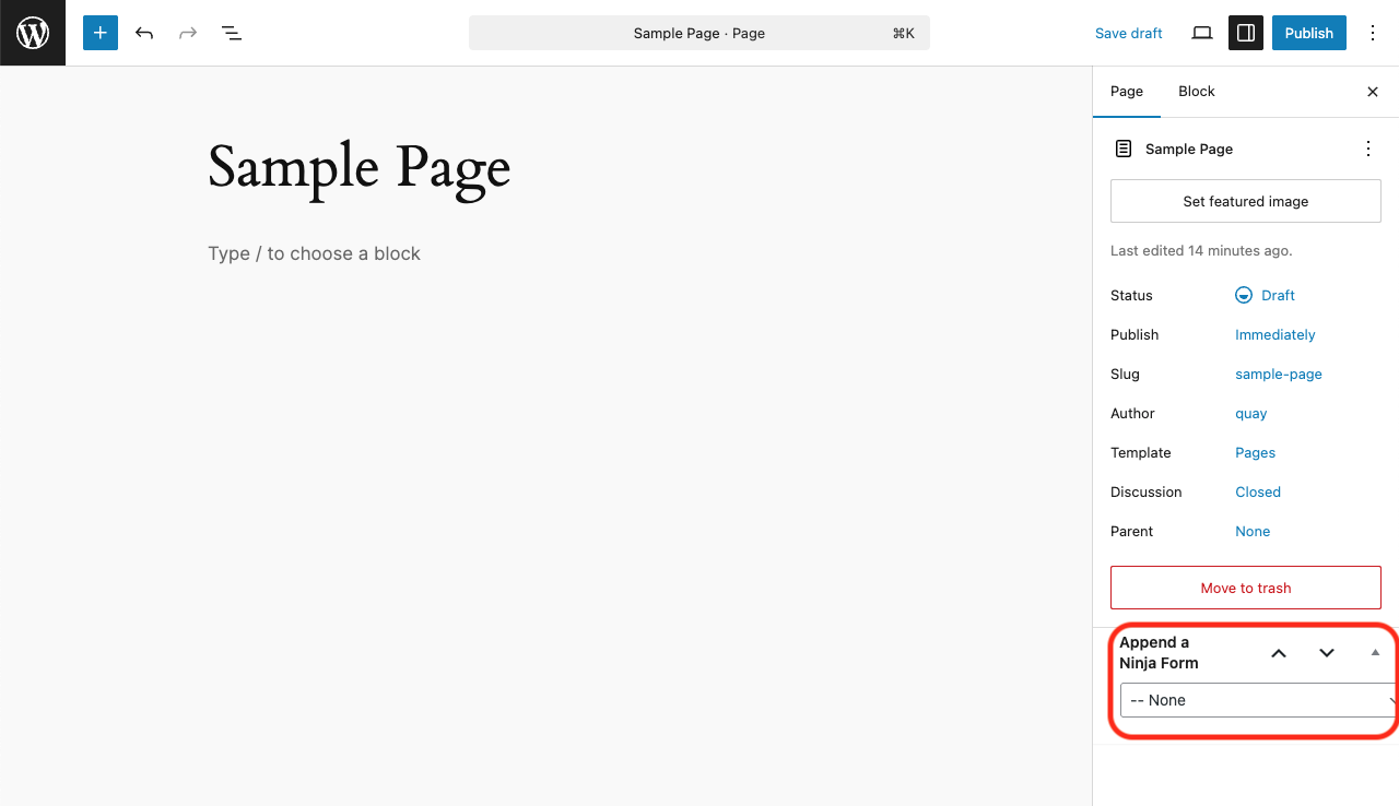 image of a wordpress page featuring the append a ninja form section