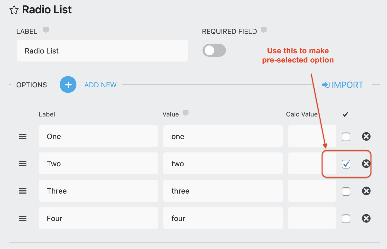 pre-select radio list option
