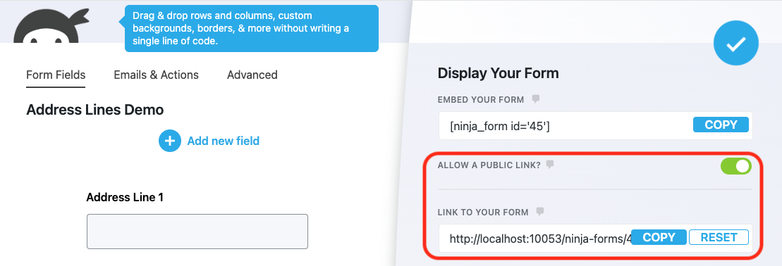 image of the ninja forms builder with the shareable link toggle and resulting URL highlighted