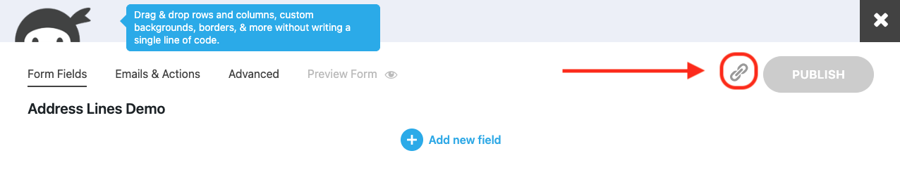image of the ninja forms builder with the shareable link icon highlighted