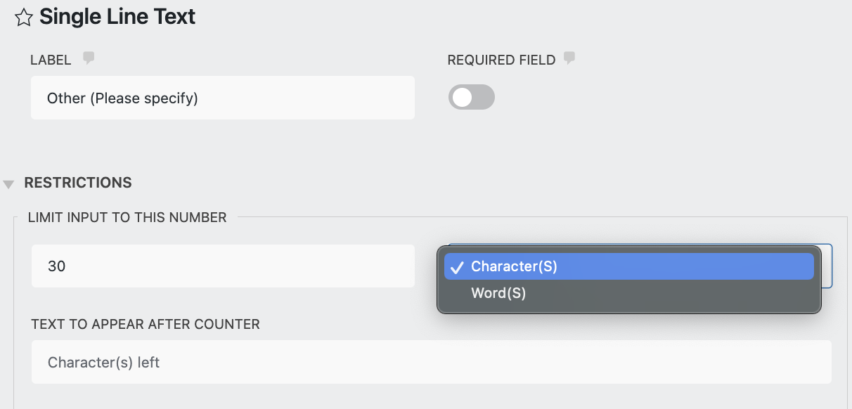 restrictions for single line text field